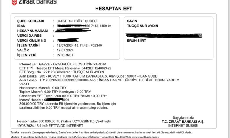 Siirt’te görev yapan Öğretmen Gazze’ye 300 bin lira bağışladı